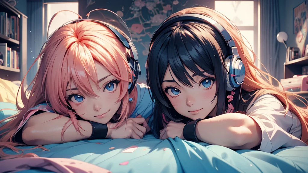 Woman wearing headphones, Anime Style 4 k, anime wallpaper 4k, anime wallpaper 4k, 4k anime wallpaper, anime art wallpaper 4k, anime art wallpaper 4k, Anime Style. 8k, Anime atmosphere, , Ultra HD Anime Wallpaper, Anime Art Wallpaper 8K, Anime Background,landscape、grassland、Lying down、Meadow、picnic