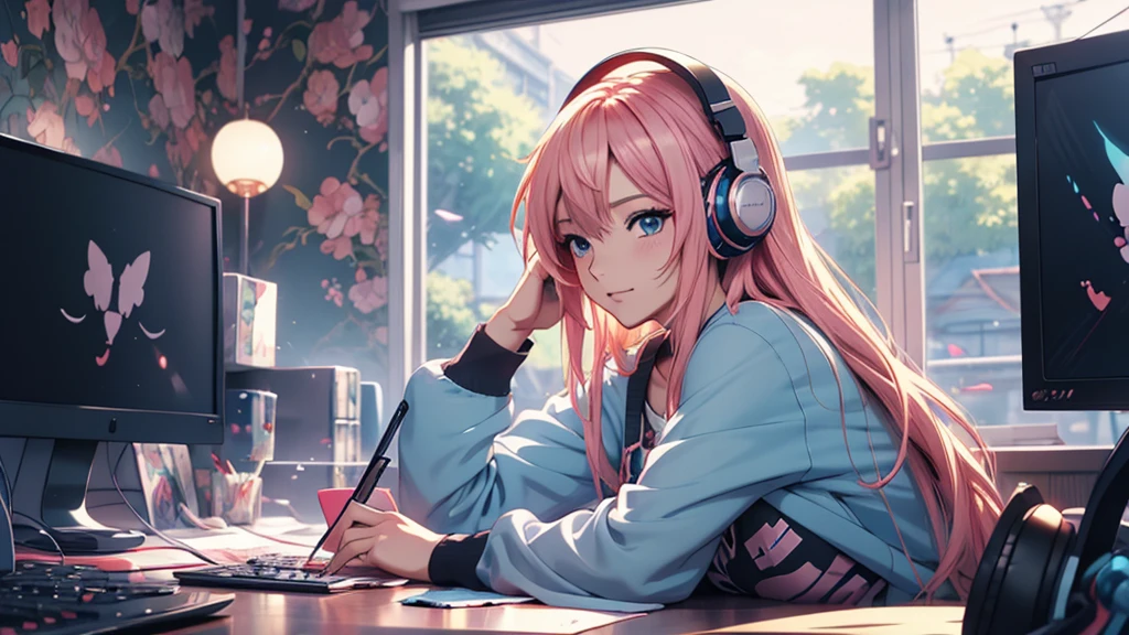 Woman wearing headphones, Anime Style 4 k, anime wallpaper 4k, anime wallpaper 4k, 4k anime wallpaper, anime art wallpaper 4k, anime art wallpaper 4k, Anime Style. 8K, Anime atmosphere, , Ultra HD Anime Wallpaper, Anime Art Wallpaper 8K, Anime Background,landscape、study、machine、room