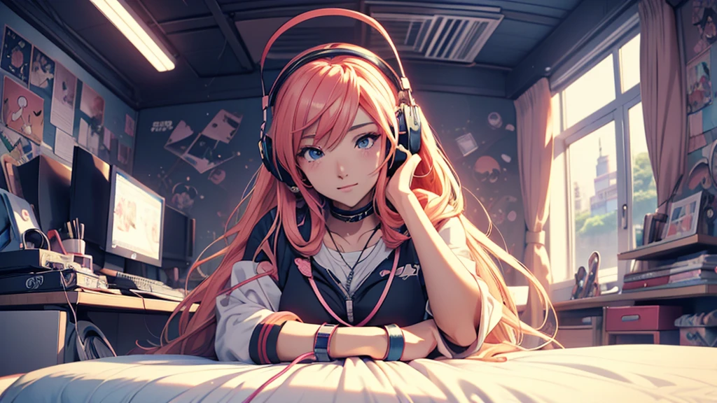Woman wearing headphones, Anime Style 4 k, anime wallpaper 4k, anime wallpaper 4k, 4k anime wallpaper, anime art wallpaper 4k, anime art wallpaper 4k, Anime Style. 8K, Anime atmosphere, , Ultra HD Anime Wallpaper, Anime Art Wallpaper 8K, Anime Background,landscape、study、machine、room
