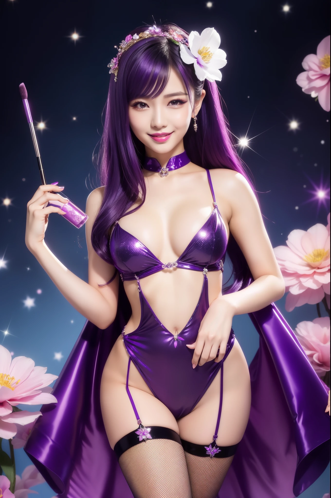 sexy Thai model who controls poison、happy smile、lipgloss、intense makeup、look at the camera、full body Esbian、、sparkling poisoned flower costume (purple)、、、、shiny sparkling multicolor hair、secrete poison、skull hair accessories、fishnet tights、shiny sparkling flowers background