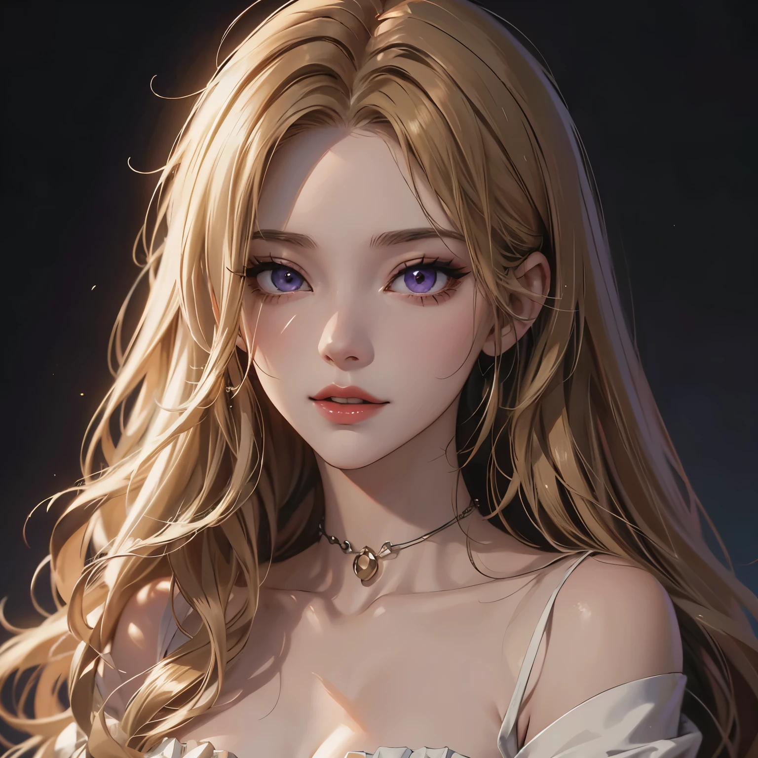 2d illustration, anime, a painting portrait in fine arts, in manhwa style, Bishamon from noragami, 1girl, blond hair, long hair, big hair, eyepatch, makeup, purple eyes, beautiful, high definition, masterpiece, best quality, high detail, high detailed eyes, grain filter, {{confident smile}}, Detailed lips, high resolution, ultra-detalhado, retrato, mulher caucasiana, slim physique, realista proportions, Anatomicamente preciso, sorriso sutil, bochechas rosadas; intimate distance, dark lighting, {{red lips}}, olhando_no_visualizador, inclinando para a camera, alta qualidade, premiado, high resolution, 8k, green hair