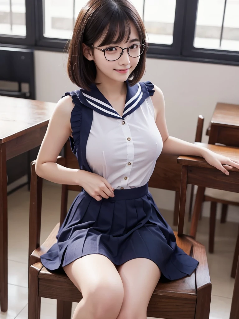 masterpiece、Highest quality、8K、Very detailed、Realistic、Realistic、View your viewers、Black Hair、Simple Background、(smile)、Big Breasts、whole body、 uniform、A see-through, sleeveless sailor suit with buttons、Navy blue pleated skirt、Glasses、Erect nipples、Plain face、Short Hair、Two girls in the classroom、Open your legs wide to the sides、Showing off a beautiful pussy