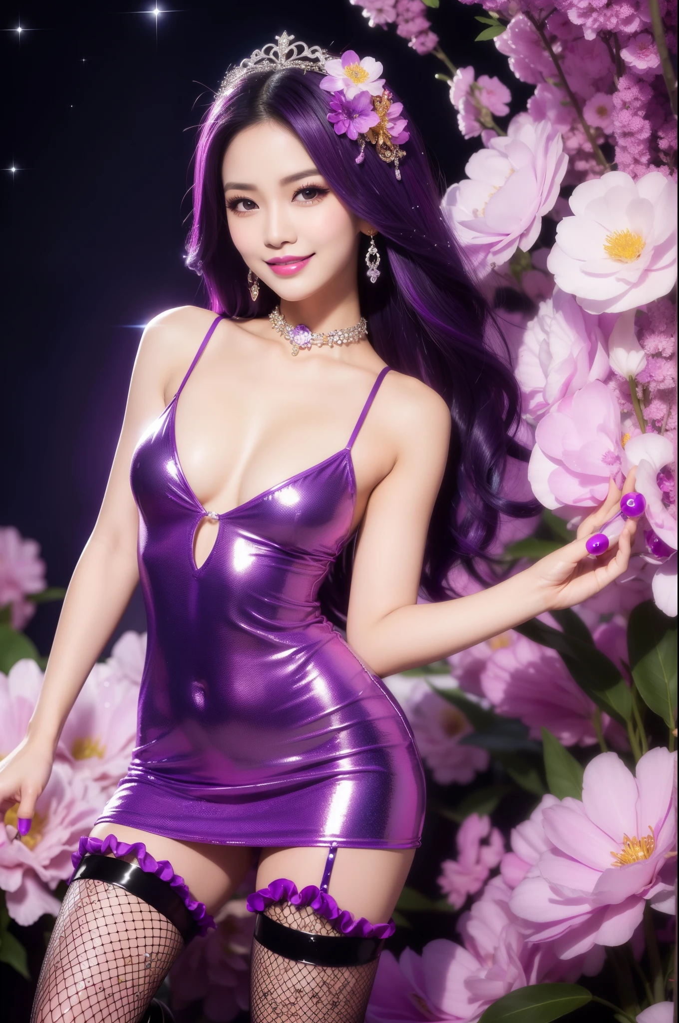 sexy Thai model who controls poison、happy smile、lipgloss、intense makeup、look at the camera、full body Esbian、、sparkling poisoned flower costume (purple)、、、、shiny sparkling multicolor hair、secrete poison、skull hair accessories、fishnet tights、shiny sparkling flowers background