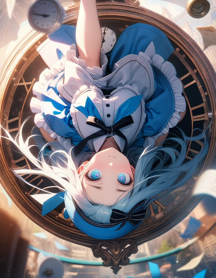 (8K, best quality, master piece: 1.2), super high resolution,upside-down composition,ultra-detailed face,detailed eyes,blue eyes,ペールベージュの髪,Alice from Wonderland,blak facinator ribbon decoration,Alice costume,スカートを押さえている,coffee cup, clock and rabbit floating in the air,Alice is flying,blurry background