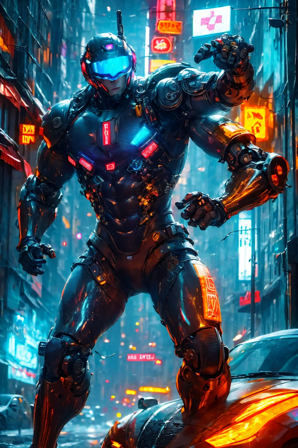 A robot, metal body, neon lights on your body, cables, robotic mechanisms, dynamic pose, (Best Quality,4k,8k,high resolution,Masterpiece:1.2),ultra detailed,(realist,photorealist,fotorrealista:1.37),cinematic lighting,Highly detailed mechanical parts,dynamic action pose,elegant metallic texture,bright neon reflections,intricate robotic features,advanced technology,futuristic cyberpunk,vibrant color palette