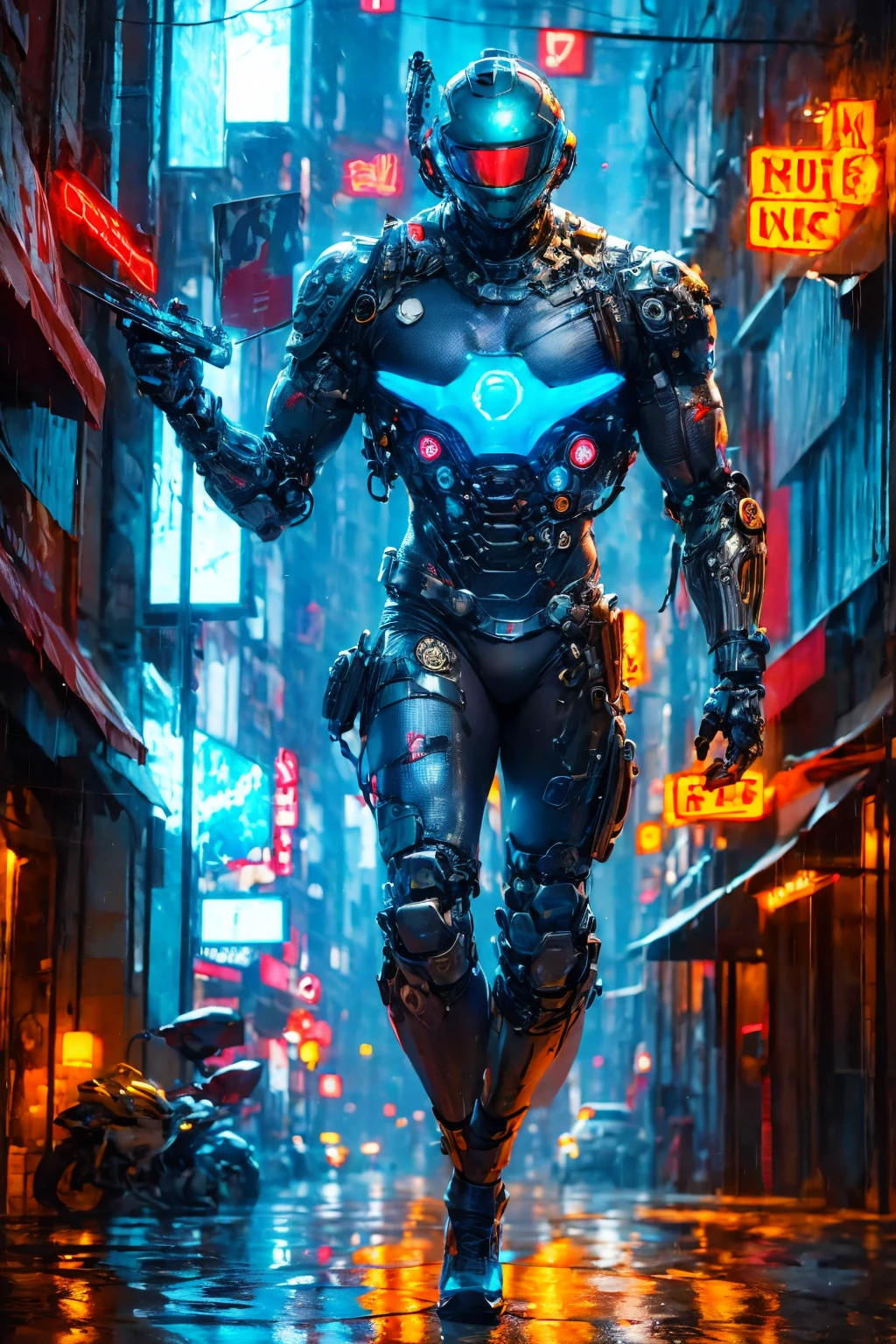 A robot, metal body, neon lights on your body, cables, robotic mechanisms, dynamic pose, (Best Quality,4k,8k,high resolution,Masterpiece:1.2),ultra detailed,(realist,photorealist,fotorrealista:1.37),cinematic lighting,Highly detailed mechanical parts,dynamic action pose,elegant metallic texture,bright neon reflections,intricate robotic features,advanced technology,futuristic cyberpunk,vibrant color palette