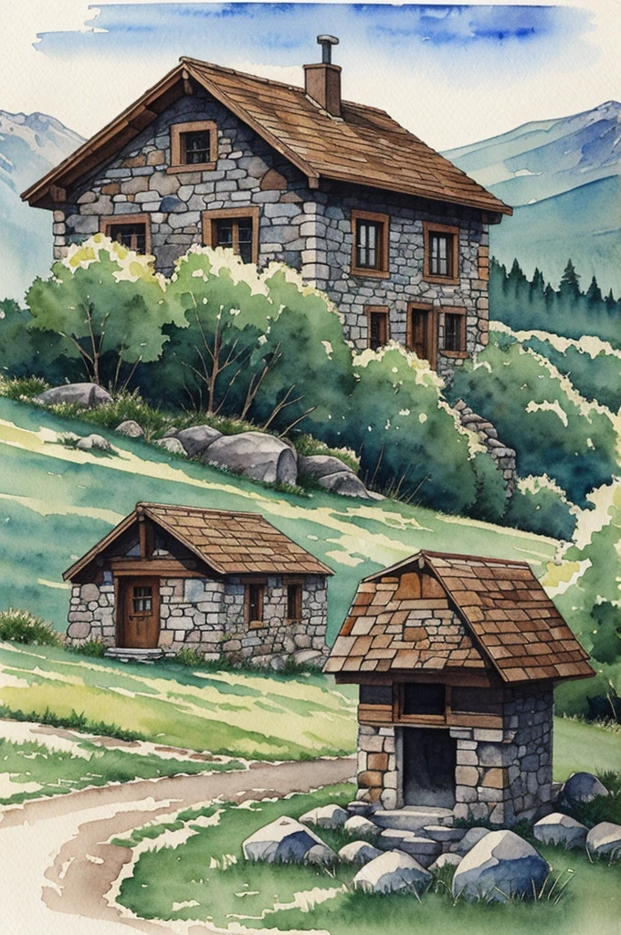 watercolor drawing of a monster outside a small stone cabin