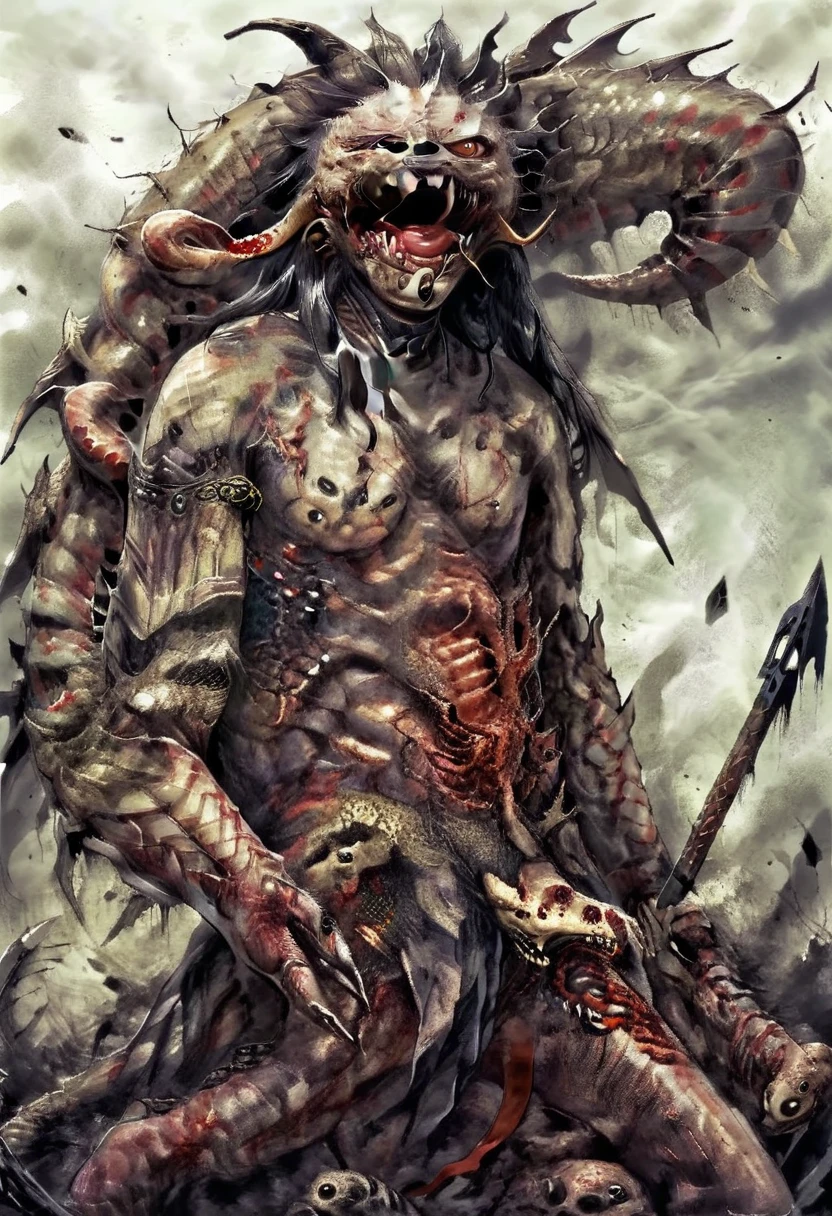 unhealthy humanoid monster. His lower body is that of a snake and his upper body is that of a man. He has a deformed face. His mouth is full of sharp teeth, he has a sadistic and cruel smile. He is one-eyed, his only eye is red, and instead of his left eye, there is a hole full of insects. He has long hair in battle. He’s wearing a torn kimono, and he’s holding a spear. [Monster] [Horror] [Scary] [Half snake half human] [Sadistic smile] [Sharp teeth] [One eyed] [Torn kimono]