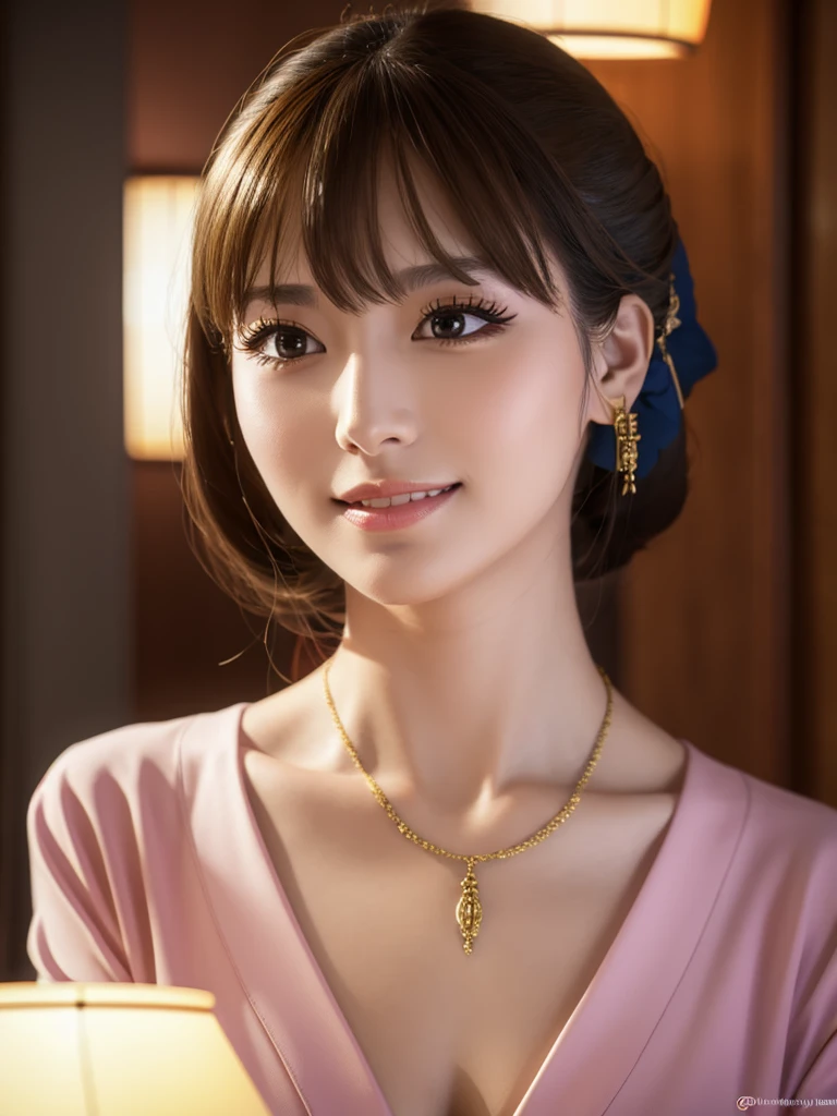 a beautiful young russian woman, detailed face, ((high quality)), photorealistic, stunning eyes, long eyelashes, flawless skin, light brown hair, tight waist, necklace, active posing, long hairstyle, vivid colors, masterpiece, best quality, confident expression, ultra-detailed, (realistic:1.37), 8K, HDR, studio lighting, physically-based rendering, professional, vivid colors, bokeh, beautiful figure, gorgeous lips, kimono,smile、Japanese Ryokan