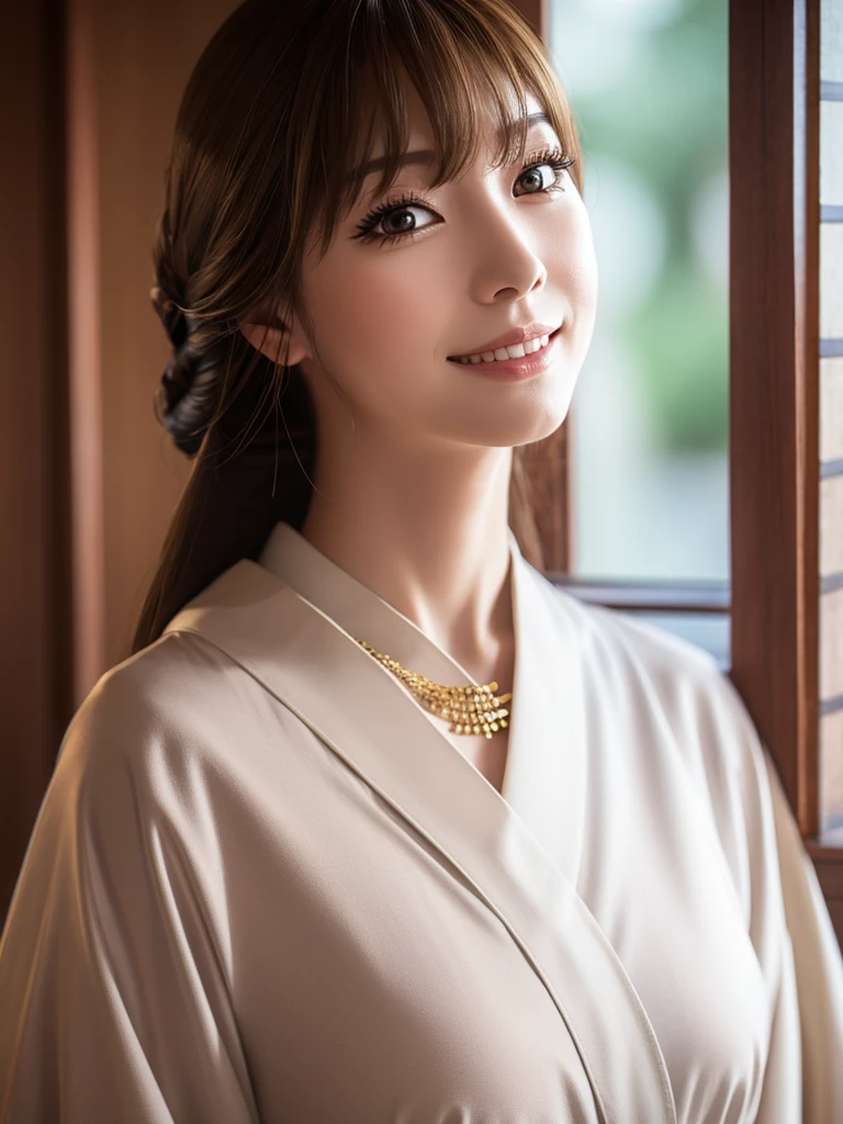 a beautiful young russian woman, detailed face, ((high quality)), photorealistic, stunning eyes, long eyelashes, flawless skin, light brown hair, tight waist, necklace, active posing, long hairstyle, vivid colors, masterpiece, best quality, confident expression, ultra-detailed, (realistic:1.37), 8K, HDR, studio lighting, physically-based rendering, professional, vivid colors, bokeh, beautiful figure, gorgeous lips, kimono,smile、Japanese Ryokan