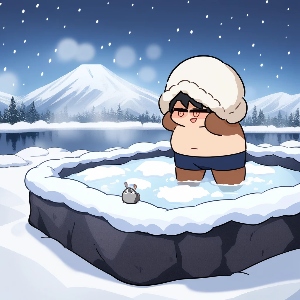 Masterpiece, best quality, very aesthetic, absurdres, create an image of anime male character and landscape in comedy chibi art style. up in the middle of dark high mountain, with blizzard snow and freezing temperatures, there are no shelter to be found. there is only a tiny hot spring available only. our male hero, wearing swimming trunk, take a dip into the hot spring to keep warm