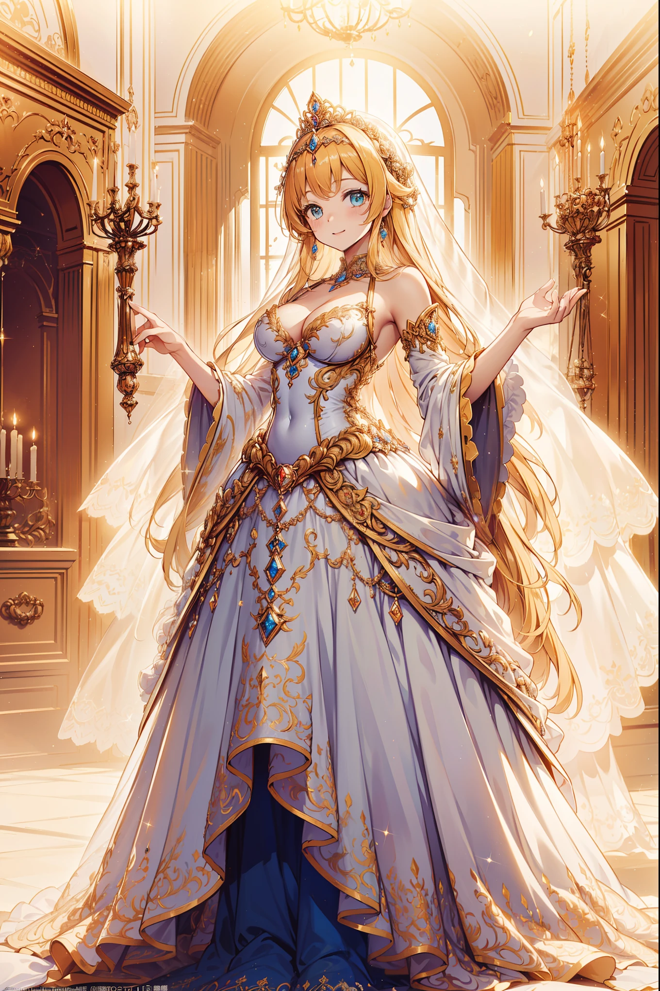 ((Anime art style)),(Masterpiece),(Best quality), (Super detail),((Very delicate and beautiful)),1 girl,((Full body portrait)),Stand at the Palace of Versailles,((Solo)),Digital art,(((1 princess in a gorgeous Rococo Princess ball dress,Wear yours with a voluminous full-length hoop skirt))),crinoline,((Beautiful embroidery and jewelry)),Plump frills,See-through,(Gorgeous embroidery and beautiful lace),((Plenty of straight hair,Extremely fluffy hair,Very long straight hair)),((finely detailed face and eyes)),Extremely gorgeous hair accessories,(Bling gemstones extremely gorgeous crowns),(Gorgeous gemstone jewelry,Sparkling gold),Long veil,(Beautiful background),full bodyesbian,((Gorgeous Rococo princess ball dress,Wide, full-length hoop skirt))