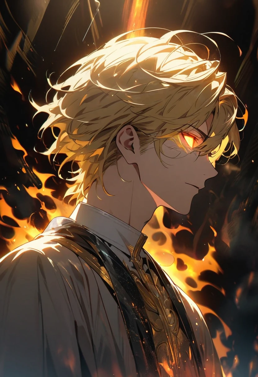 male, solo, handsome, blond hair, god, god eyes, glowing eyes, light, aura, holo, golden, side view, face close
