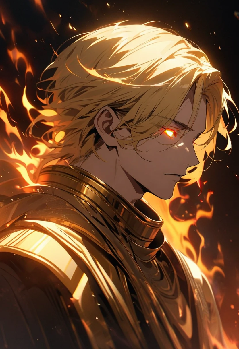 male, solo, handsome, blond hair, god, god eyes, glowing eyes, light, aura, holo, golden, side view, face close