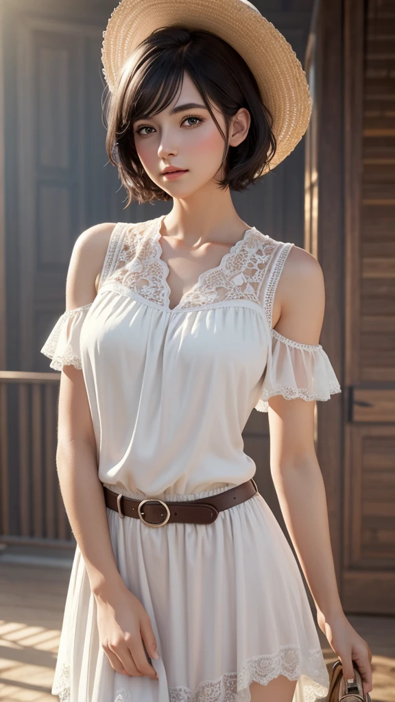 One girl, cowboy shot of beautiful There is, View your viewers, White Dress, Black Hair, blush, short hair, Sports Day Night, Volumetric lighting, Highest quality, masterpiece, Intricate details, Tone Mapping, Sharp focus, Super detailed, Trending on Art Station, There is, Realistic 