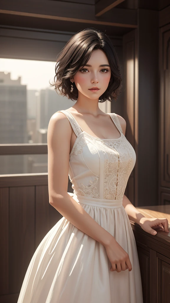One girl, cowboy shot of beautiful There is, View your viewers, White Dress, Black Hair, blush, short hair, Sports Day Night, Volumetric lighting, Highest quality, masterpiece, Intricate details, Tone Mapping, Sharp focus, Super detailed, Trending on Art Station, There is, Realistic