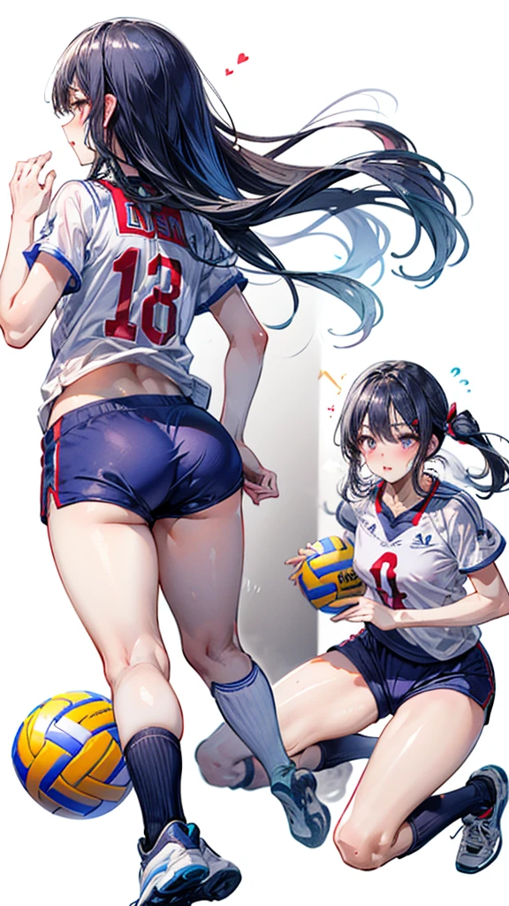 (Best quality, 8k, 32k, Masterpiece, UHD,:1.2),RAW, 1girl,ultra cute , natural lighting,transparent shining eyes, 20yo ,fair complexion, (ecstasy:0.8) ,(slut:0.8), (vulgarity:0.8), (fucked silly:0.8),(steam:0.8),(trembling:1.3)),((volleyball uniform )) ,From Behind and Below, ass focus, kneeling, body-fitting, White background, sneakers, ((volleyball uniform short pants))