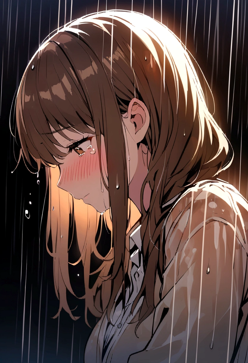 woman、Blushing、Brown Hair、Profile of a person looking down and crying、Soaked in the rain、rainy outdoors、Dark Background