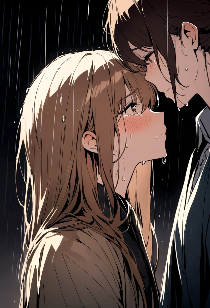 woman、Blushing、Brown Hair、Profile of a person looking down and crying、Soaked in the rain、rainy outdoors、Dark Background