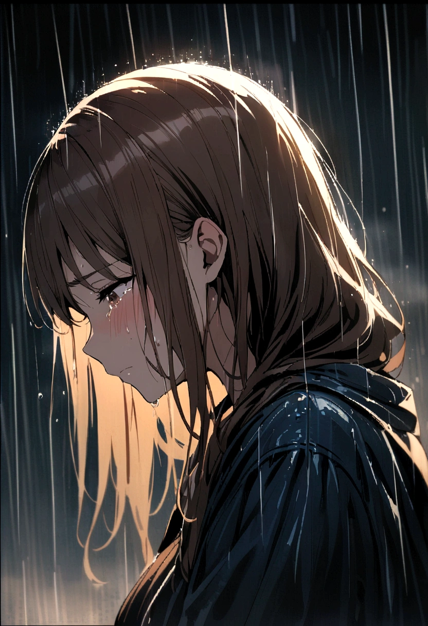 woman、Blushing、Brown Hair、Profile of a person looking down and crying、Soaked in the rain、rainy outdoors、Dark Background