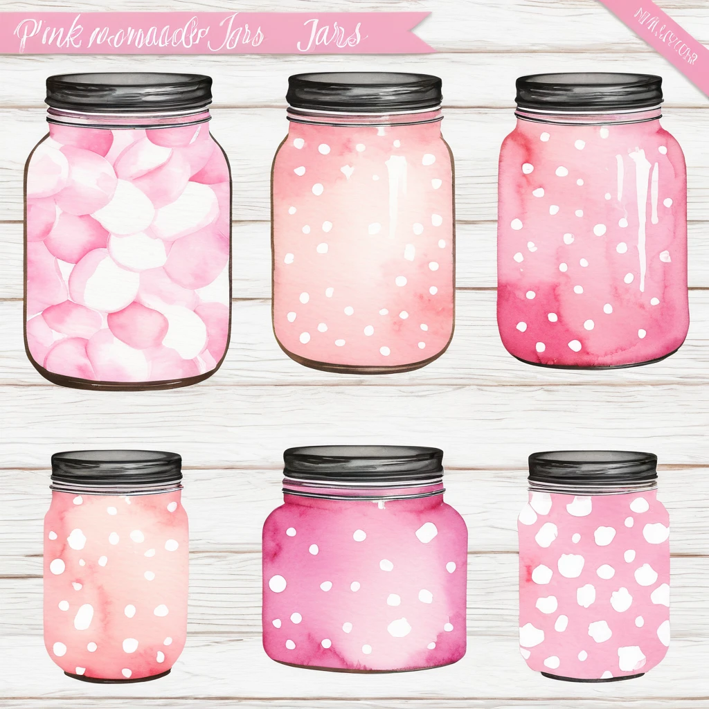 rustic watercolor jars with pink Marshmallow Clipart,Vintage Jar Clipart, Vintage Jar Clipart vintage jar label , white wood , pink polka dot watercolor background