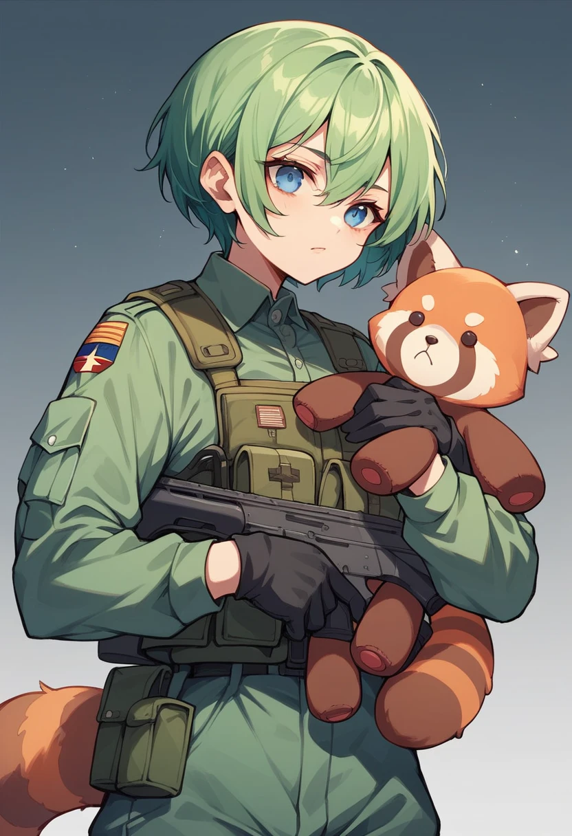 Green Hair girl Blue Eyes Short Hair Red panda stuffed toy Second Dimension anime Combat Uniform An illustration