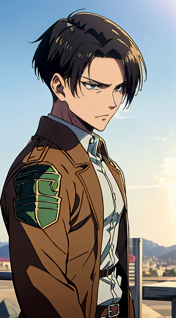((4K works))、masterpiece、(top-quality)、((high-level image quality))、((One Manly Boy))、Slim body、((green survey corps fashion))、((Men's Fashion))、(Detailed beautiful eyes)、town in the morning、Levi Ackerman、Attack on Titan、((short hair above the ears))、((Smaller face))、((Neutral face))、((28 year old))、((Handsome man))、((Korean Makeup))、((elongated and sharp eyes))、((Black eyes))、((Like a celebrity))、Everyday photography、((Shot alone))、((Shot diagonally from the side))、((Upper body photography))、((Sharp eyes))
