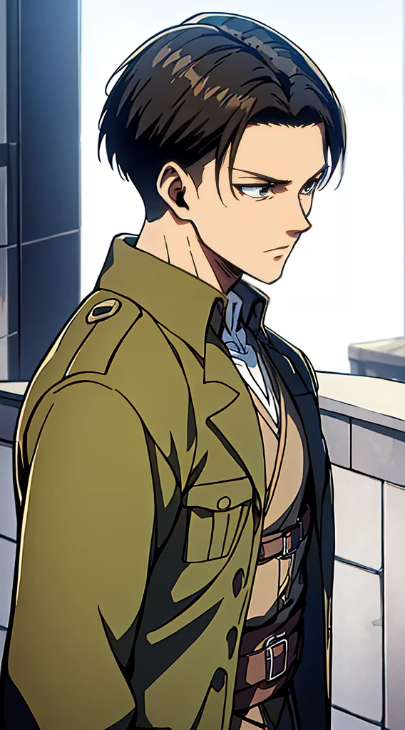 ((4K works))、masterpiece、(top-quality)、((high-level image quality))、((One Manly Boy))、Slim body、((green survey corps fashion))、((Men's Fashion))、(Detailed beautiful eyes)、town in the morning、Levi Ackerman、Attack on Titan、((short hair above the ears))、((Smaller face))、((Neutral face))、((28 year old))、((Handsome man))、((Korean Makeup))、((elongated and sharp eyes))、((Black eyes))、((Like a celebrity))、Everyday photography、((Shot alone))、((Shot diagonally from the side))、((Upper body photography))、((Sharp eyes))