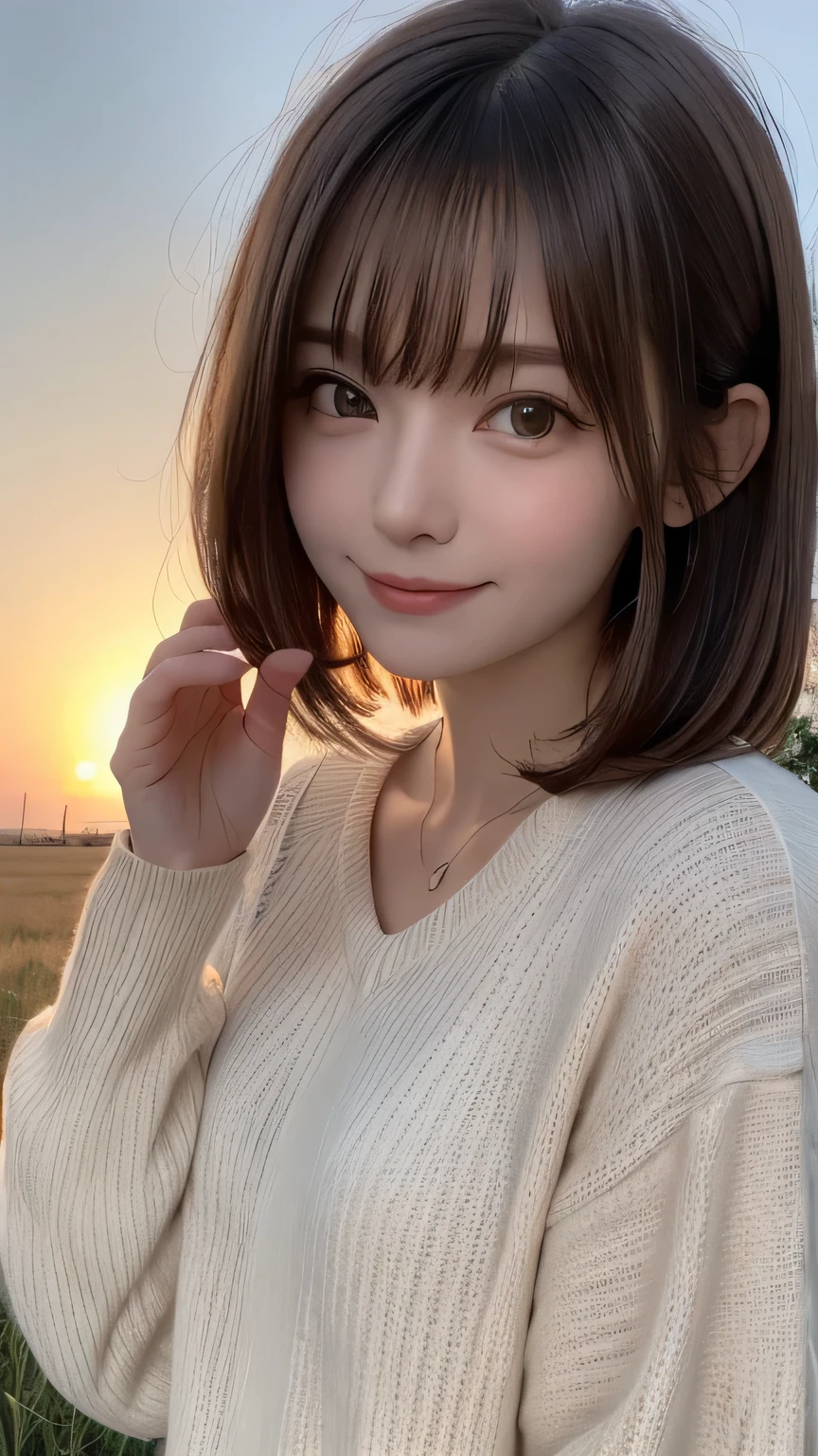 closeup shot , Best picture quality (8K, high resolution, Masterpiece: 1.2), super detailed, 215 Short Hair, 16-year-old woman,
situation: In the sunset-colored grassland、A woman blowing soap bubbles。
clothing: Long skirt、Lightweight sweater、sneakers。
angle:
Close-up: Soap bubbles illuminated by the setting sun、A detailed view of a woman's face against a sunset。
Detailed depiction: The beautiful sunset sky、With the vast grassland as a background、Emphasise the romantic atmosphere。
Emotional moment: Enjoying the sunset and bubbles、Capture the moment soap bubbles sparkle in the light of the setting sun。
, Close-up of face
, random cute pose ,big eyes ,Puffy eyes , Heart Pupil, blush , huge shy smile , salute