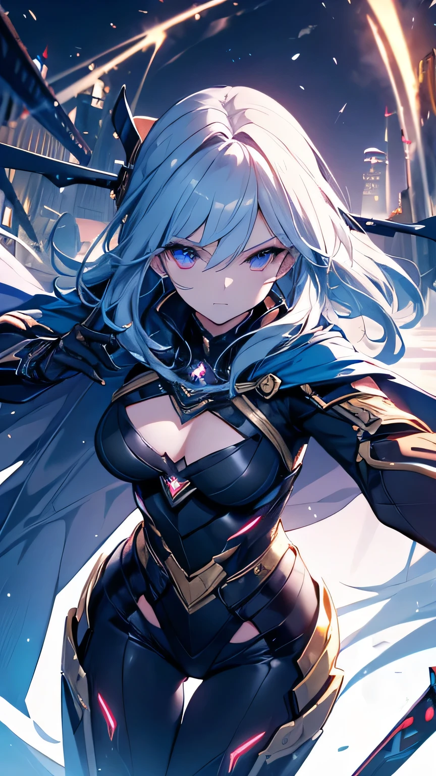 Waist up (perspective angle from bottom to top) super heroine hot girl (masterpiece), best quality, expressive eyes, perfect face, art in fantasy mythic action effect, sharp focus, wearing super detailed suit with mechanicles part & hero cape, cybersamurai, glowing, holding sword