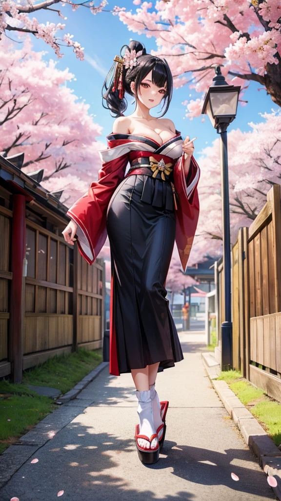 Black hair geisha hairstyle adult women,kimono,Off-shoulder,cleavage,long skirt,thigh,White socks,slippers,japanese town,Cherry blossoms