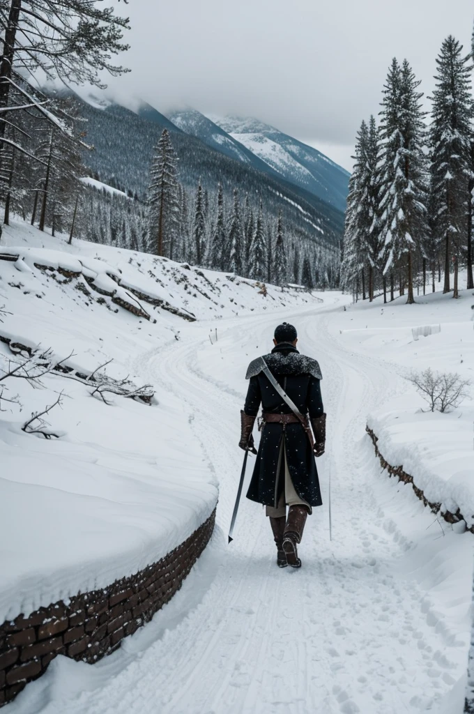 A man with a sword walking through a snow valley