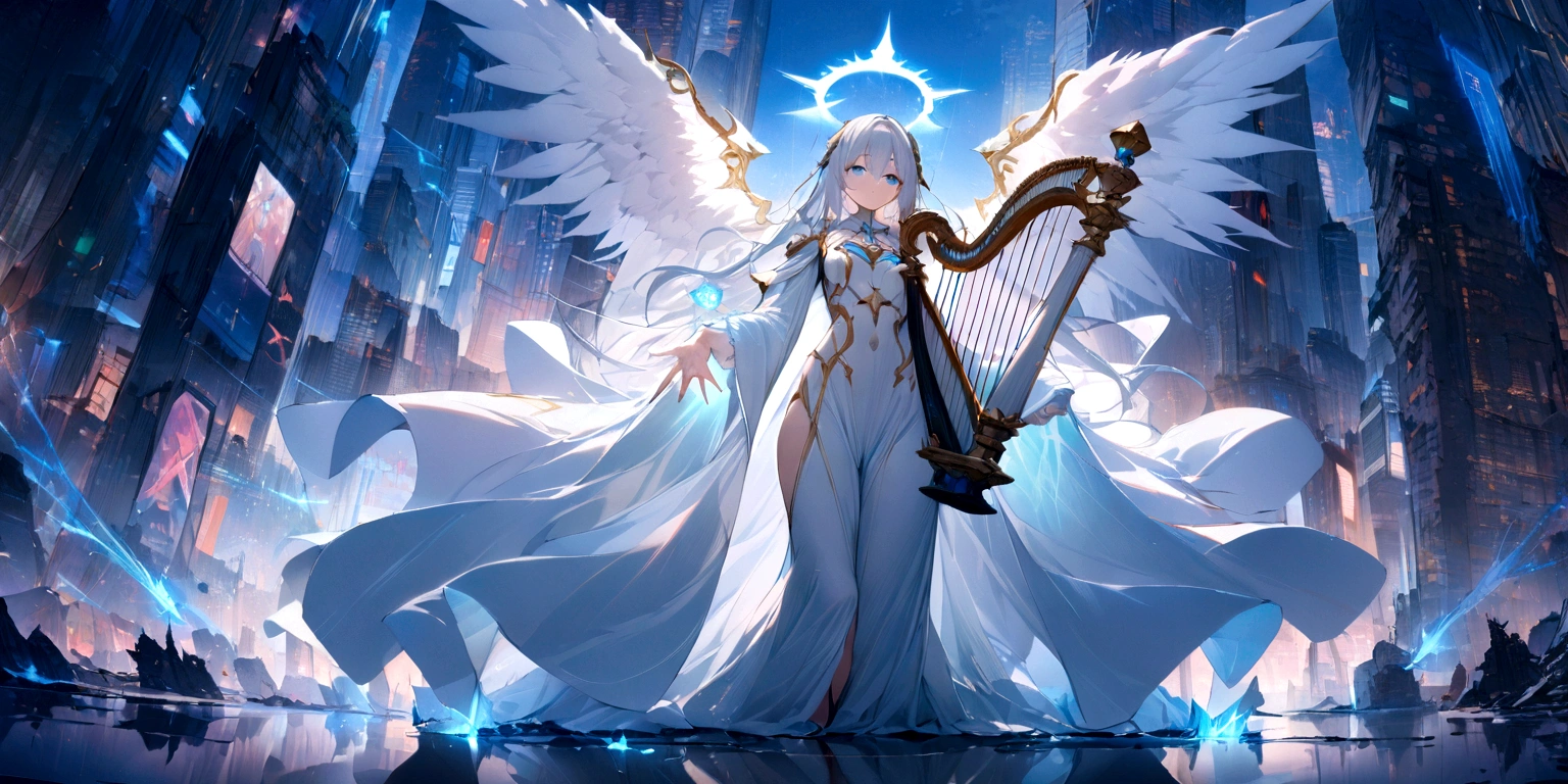 ((masterpiece, Highest quality, Best image quality, High resolution、４ｋ)) An angel in the center of the screen、Glowing white wings、Glowing halo、Calm expression。Wearing a flowing ethereal robe、god々Shining with a bright light。With a harp in his hand、Playing the Harp、Glowing blue eyes and advanced cybernetic enhancements. Seen in dynamic action poses, reflection on a smooth surface. The cityscape below is filled with towering skyscrapers., illuminated by colorful holographic advertisements, Shining with blue energy, Mighty power. The overall atmosphere is dark and mysterious., It had a futuristic techno vibe.. The lighting is dramatic, Intense highlights and deep shadows, Creates depth and tension