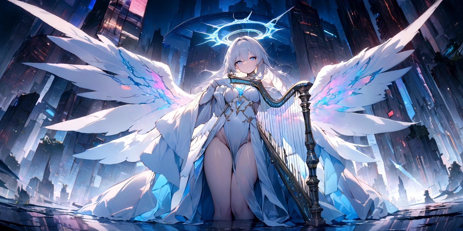 ((masterpiece, Highest quality, Best image quality, High resolution、４ｋ)) An angel in the center of the screen、Glowing white wings、Glowing halo、Calm expression。Wearing a flowing ethereal robe、god々Shining with a bright light。With a harp in his hand、Playing the Harp、Glowing blue eyes and advanced cybernetic enhancements. Seen in dynamic action poses, reflection on a smooth surface. The cityscape below is filled with towering skyscrapers., illuminated by colorful holographic advertisements, Shining with blue energy, Mighty power. The overall atmosphere is dark and mysterious., It had a futuristic techno vibe.. The lighting is dramatic, Intense highlights and deep shadows, Creates depth and tension