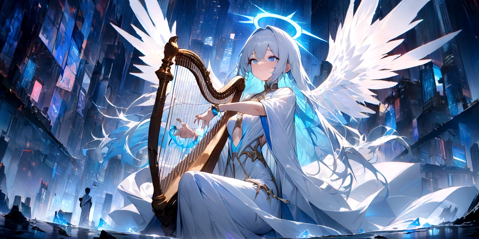 ((masterpiece, Highest quality, Best image quality, High resolution、4k)) An angel in the center of the screen、Glowing white wings、Glowing halo、Calm expression。Wearing a flowing ethereal robe、god々Shining with a bright light。With a harp in his hand、Playing the Harp、Glowing blue eyes and advanced cybernetic enhancements. Seen in dynamic action poses, reflection on a smooth surface. The cityscape below is filled with towering skyscrapers., illuminated by colorful holographic advertisements, Shining with blue energy, Mighty power. The overall atmosphere is dark and mysterious., It had a futuristic techno vibe.. The lighting is dramatic, Intense highlights and deep shadows, Creates depth and tension