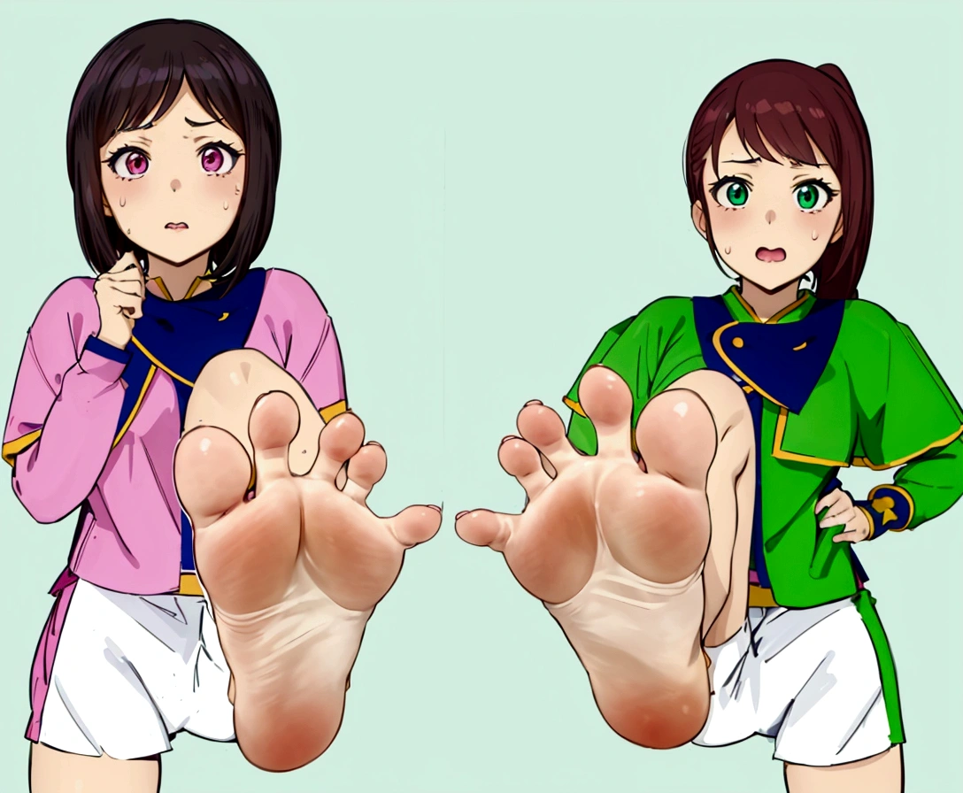 Anime girl sitting on a chair with Big Feet and pink shirt, Huge Art, Foot Art subjective, Detailed feet POV, Big Feet, Foot pose, Tifa, Foot Art, !!Very detailed!!, Her slender legs will amaze you.., Naughty anime style, High Sole, High Resolution Rate、barefoot、only, Sweaty Feet, mashin sentai kiramager, Kiramei Pink, Kiramei Green, onlyの拡大図,onlyを露出させる, 2 girls, Embarrassed look, Looking down