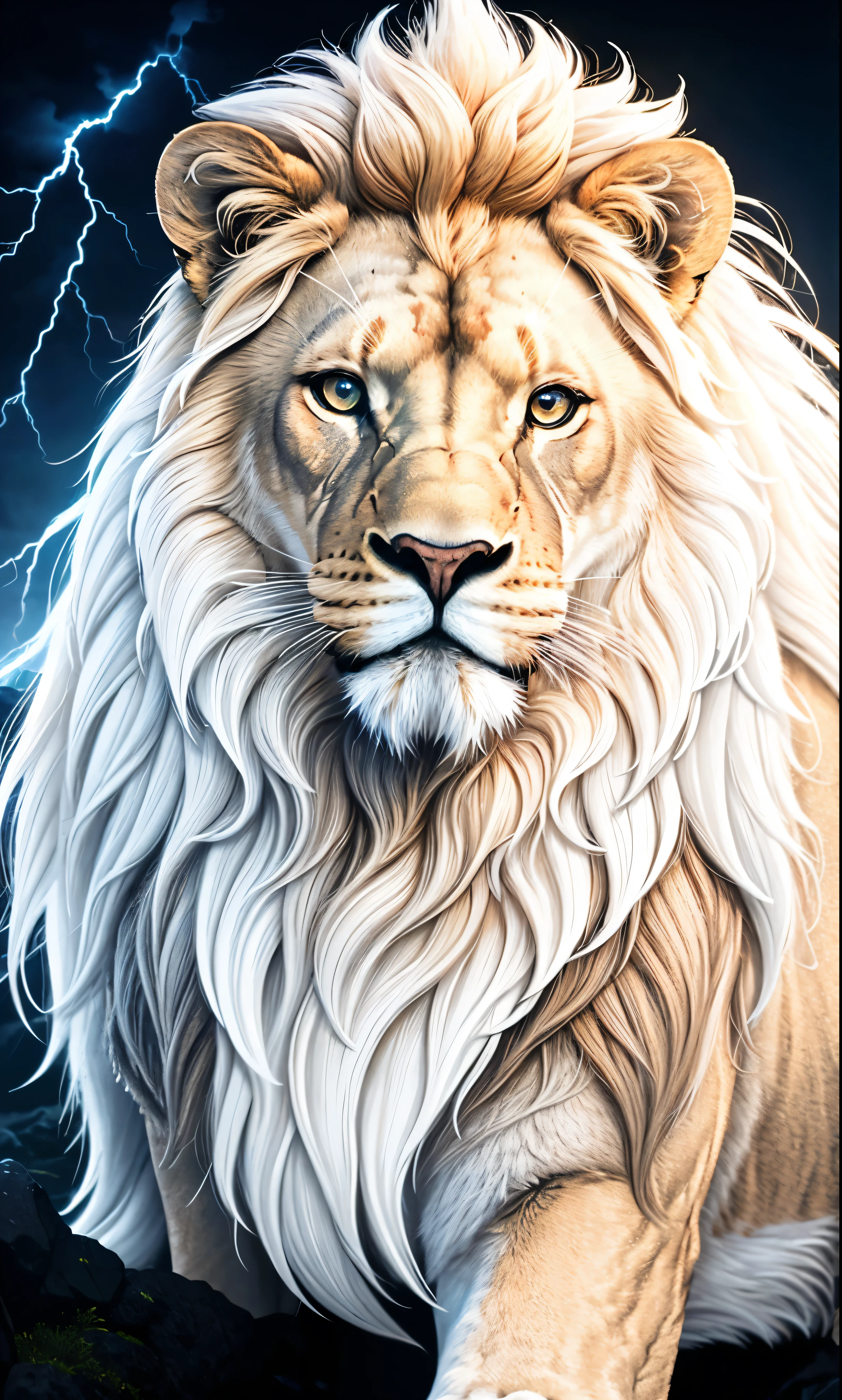 Lion, Divine Lion, naturals, thunder, Realistic Lion, rey, realistic detailed, Sunset light, sky, Sol noturno, realistic detailed 16K, Eletricidade Detalhada 8K, darkness background, Texturas realistas de 8K, Cores photorrealistic 8K, fire azul, realistic detailed Fire Bolt, sky Light Detailed, Power of thunder, Divine realistic, golden crown, golden crown, golden crown, naturey, Linda, Rendering, photorrealistic, UltraHigh definition, 4K, detailed textures, thunder, detailed shadows, detailed colors, neon blue, blue light, lightnings, blue power, naturey Linda, Great Divine, peaceful face, naturalss, lightning, Electric Power Screw, detailed contrast, realistic contrast, high resolution, detailed colors, fire, villany, divine creature, 8K FullHD, realistic detailed, 16K, 8K, High definition, detailed contrast, realistic contrast, high resolution, detailed colors, fire, villany, divine creature, 8K Realistic Lion Face, realistic detailed, posh, elegance