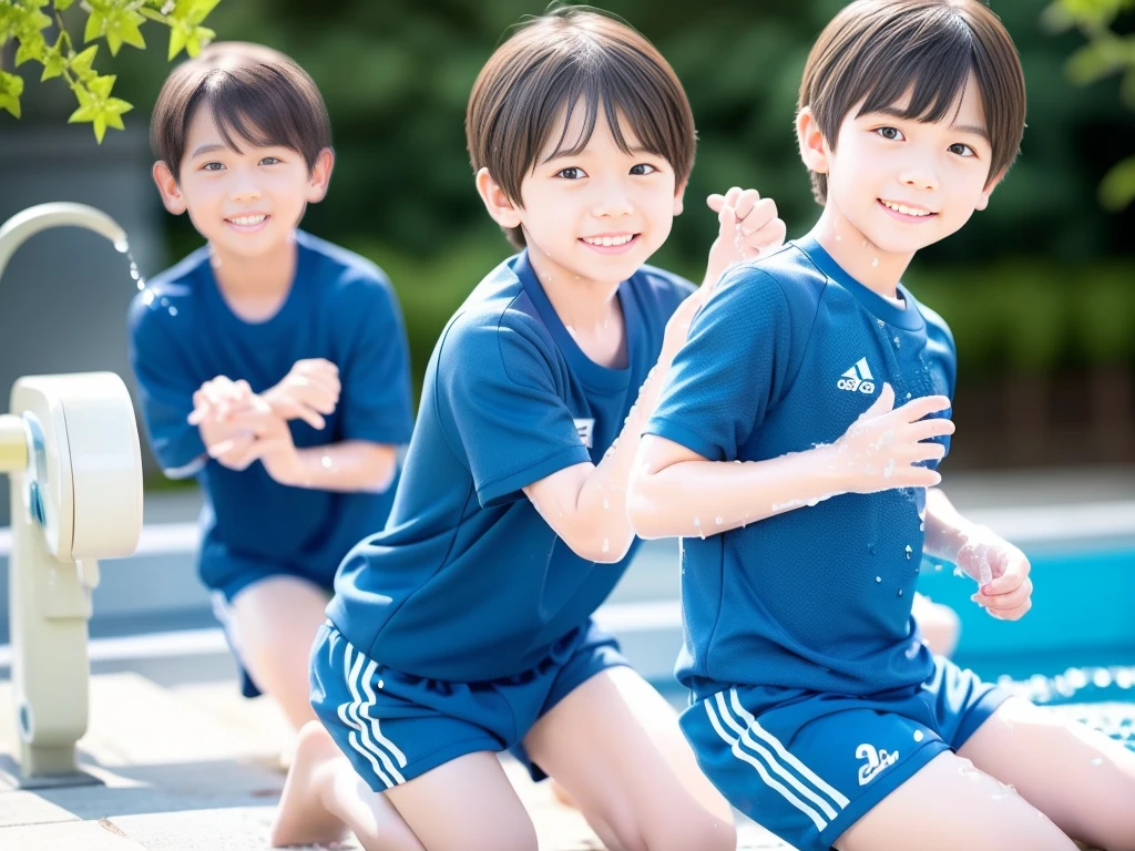 夏休みのprimary school校、Pool、primary school5Grade、Japan Boy、Glowing water splashes、A good boy dripping with water、Playing innocently、hot day、Two Boys、Various poses、Short sleeve gym uniform、Blue shorts、physical education、barefoot,(Boy 1.4)、Boys only 、(10Age 1.4)