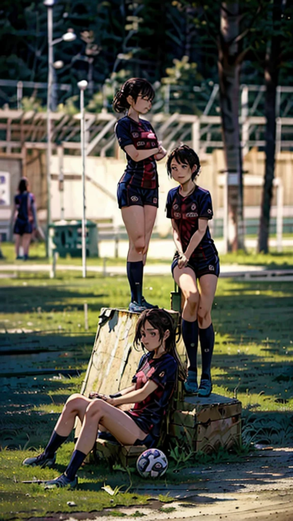 background soccer field,three woman,group  shot,sit,squat,open legs,torn uniform