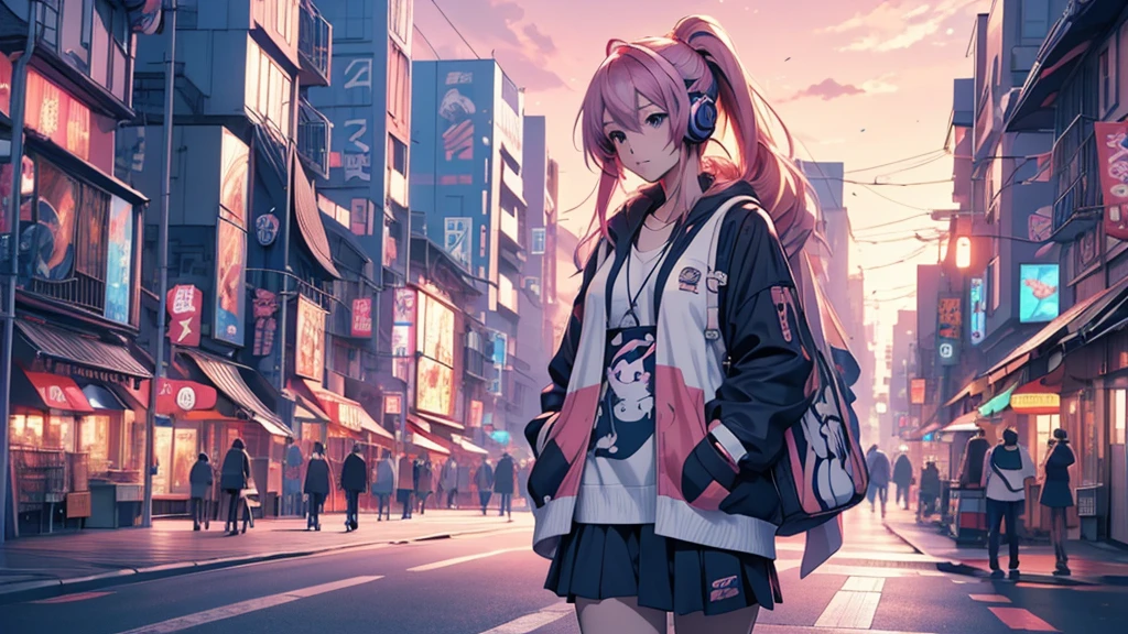 Woman wearing headphones, Anime Style 4 k, anime wallpaper 4k, anime wallpaper 4k, 4k anime wallpaper, anime art wallpaper 4k, anime art wallpaper 4k, Anime Style. 8K, Anime atmosphere, , Ultra HD Anime Wallpaper, Anime Art Wallpaper 8K, Anime Background,landscape、stroll、Town