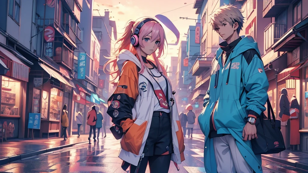 Woman wearing headphones, Anime Style 4 k, anime wallpaper 4k, anime wallpaper 4k, 4k anime wallpaper, anime art wallpaper 4k, anime art wallpaper 4k, Anime Style. 8K, Anime atmosphere, , Ultra HD Anime Wallpaper, Anime Art Wallpaper 8K, Anime Background,landscape、stroll、Town