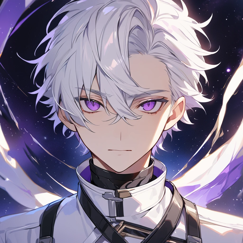 High quality, HD, 4k, no shadows, handsome male, 1male, 17 years old, teenager, golden lining, short white hair, sharp eyes, dark purple eyes, deep purple eyes, devil may cry, close up, calm expression, stoic expression, black leather clothes, white leather clothing, lean body, well trained body, upper body, looking at viewer, cowboy shot, white solar, space background