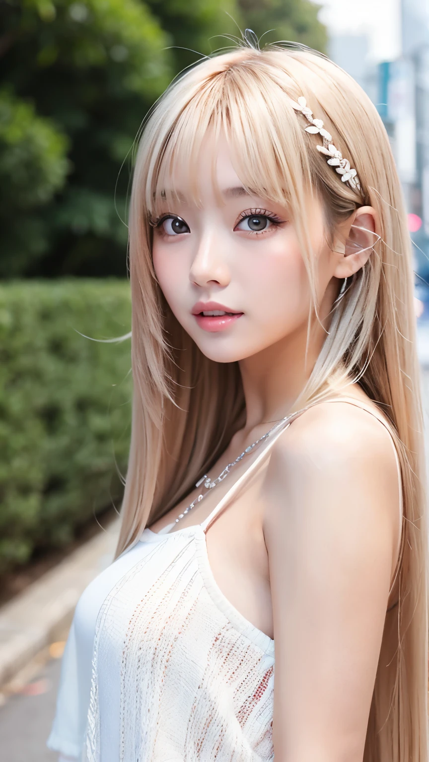 Sexy big 、Sexy and cute look and cute 18-year-old beautiful girl, Beautiful and sexy face、A strong wind blows my hair in front of my face、Long, metallic pink blonde straight hair、Beautiful, cute and sexy eyes hidden behind long bangs。