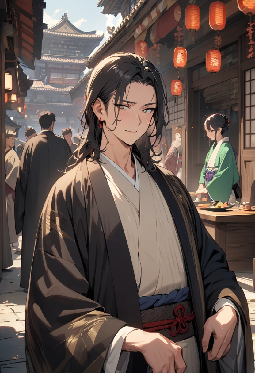 ((Highest quality)), ((masterpiece)), (detailed), ((Perfect Face)),just、Anime characters wearing kimonos in front of a building, ((wearing a noble robe)), male、a handsome guy,Highest quality、Tabletop、 In kimono, wearing a haori, In kimono, Japanese,Red earrings、 Wearing a black robe、Taisho era、Taisho Modern、Byzantine、Rome、new year