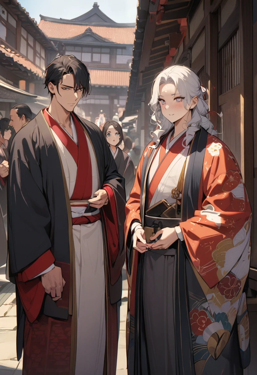 ((Highest quality)), ((masterpiece)), (detailed), ((Perfect Face)),just、Anime characters wearing kimonos in front of a building, ((wearing a noble robe)), male、a handsome guy,Highest quality、Tabletop、 In kimono, wearing a haori, In kimono, Japanese,Red earrings、 Wearing a black robe、Taisho era、Taisho Modern、Byzantine、Rome、new year