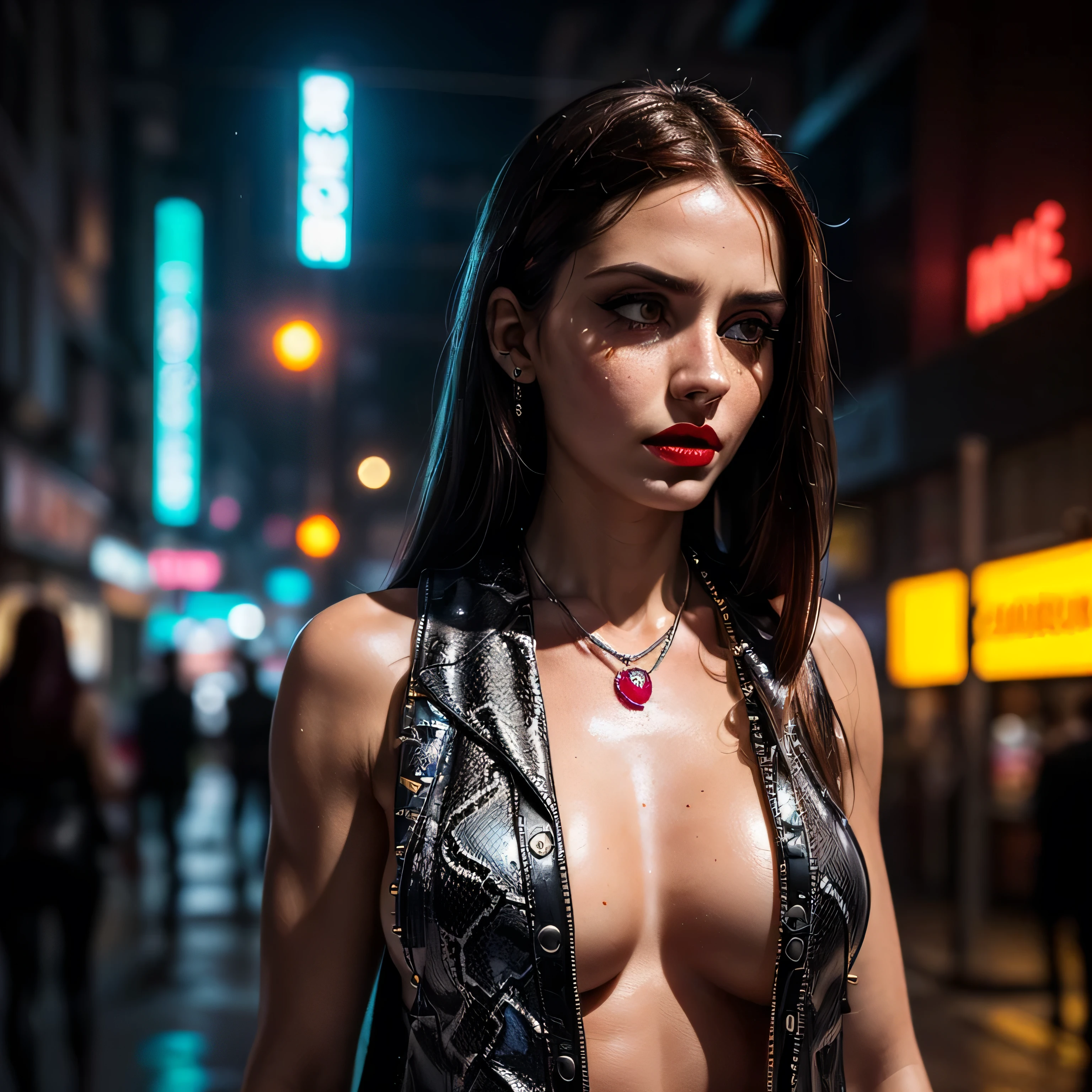 (masterpiece, photorealistic:1.4, extremely intricate:1.3), (photon mapping, radiosity, physically based rendering, ultra resolution, hyper-realistic, 8K), ((mature female, [bodybuilder:supermodel:0.8], ((([large breasts:medium breasts:0.3], snakeskin leather vest, chrome rivets, ((looking away), topless)), ruby necklace, serious, sad, 30 years old, elegant:1.2)), long eyelashes, ((makeup:1.2, red lips)), [skin detail:freckles:0.8]), ((background futuristic neon cyberpunk city street)) professional photograph, (((straight long hair [black hair:bright orange hair:0.6])))), BREAK ((sharp focus, dramatic, award winning, cinematic), bokeh, blurry background, interaction, metal reflections), bright eyes