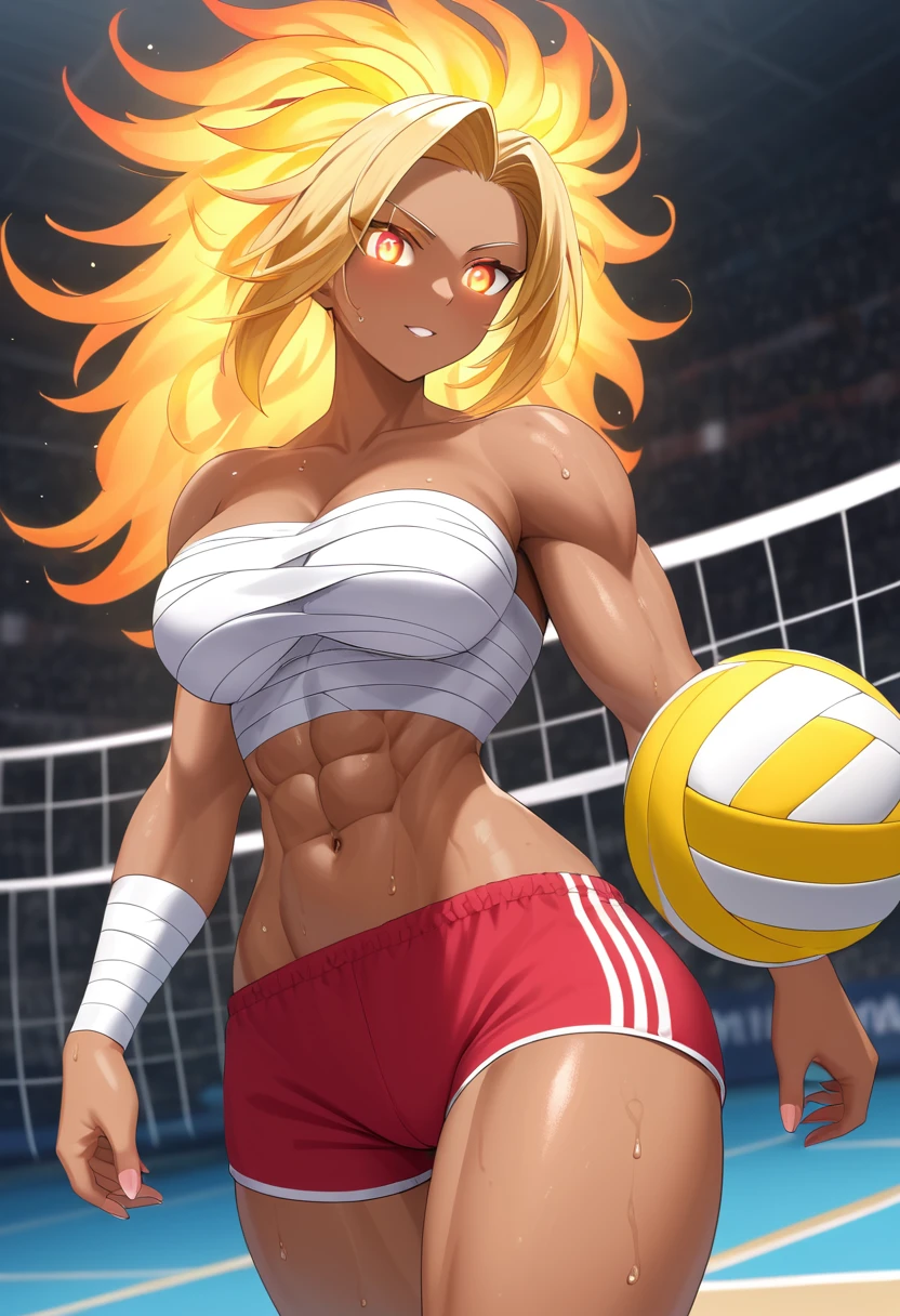 Prompt
detailed illustration, (front view), (side view),dynamic angle, ultra-detailed, illustration, clean line art, shading, anime, detailed eyes, detailed face, beautiful face, dramatic lighting, detailed illustration, dynamic angle, ultra-detailed, illustration, single woman
Fit, toned abs, ((volleyball shorts)), ((fundoshi breast wrap)), volleyball player, big round ass, big tits, caramel tan skin, dark skin tone, wide hips, narrow waist, thunder thighs, (blazing blonde hair), (glowing eyes), glowing sclera, muay thai wraps, small strong biceps, sweat, ((bandaged breasts)), flaming hair, hair is fire