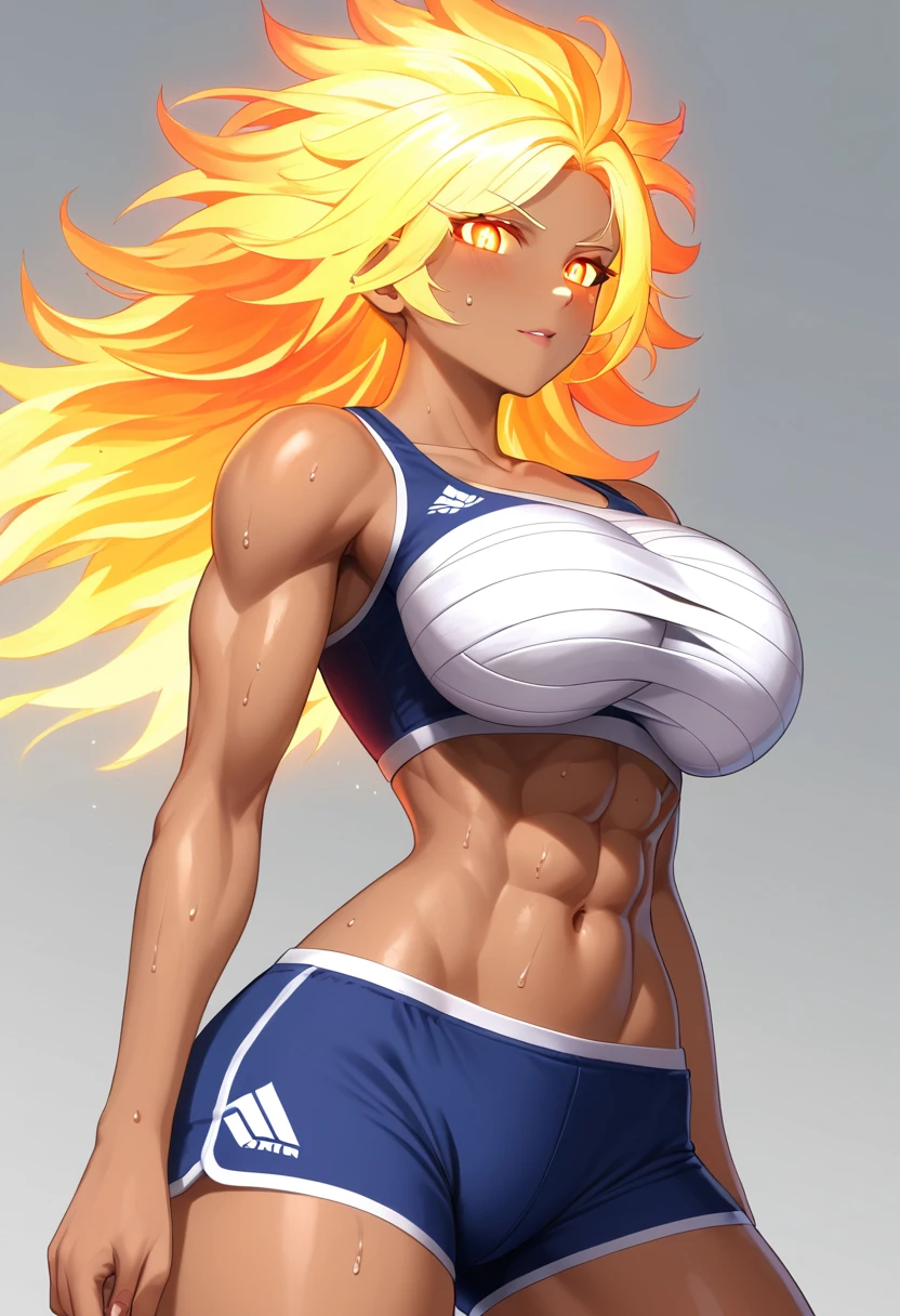 Prompt 

detailed illustration, (front view), (side view),dynamic angle, ultra-detailed, illustration, clean line art, shading, anime, detailed eyes, detailed face, beautiful face, dramatic lighting, detailed illustration, dynamic angle, ultra-detailed, illustration, single woman 

Fit, toned abs, ((volleyball shorts)), ((fundoshi breast wrap)), volleyball player, big round ass, big tits, caramel tan skin, dark skin tone, wide hips, narrow waist, thunder thighs, (blazing blonde hair), (glowing eyes), glowing sclera, muay thai wraps, small strong biceps, sweat, ((bandaged breasts)), flaming hair, hair is fire