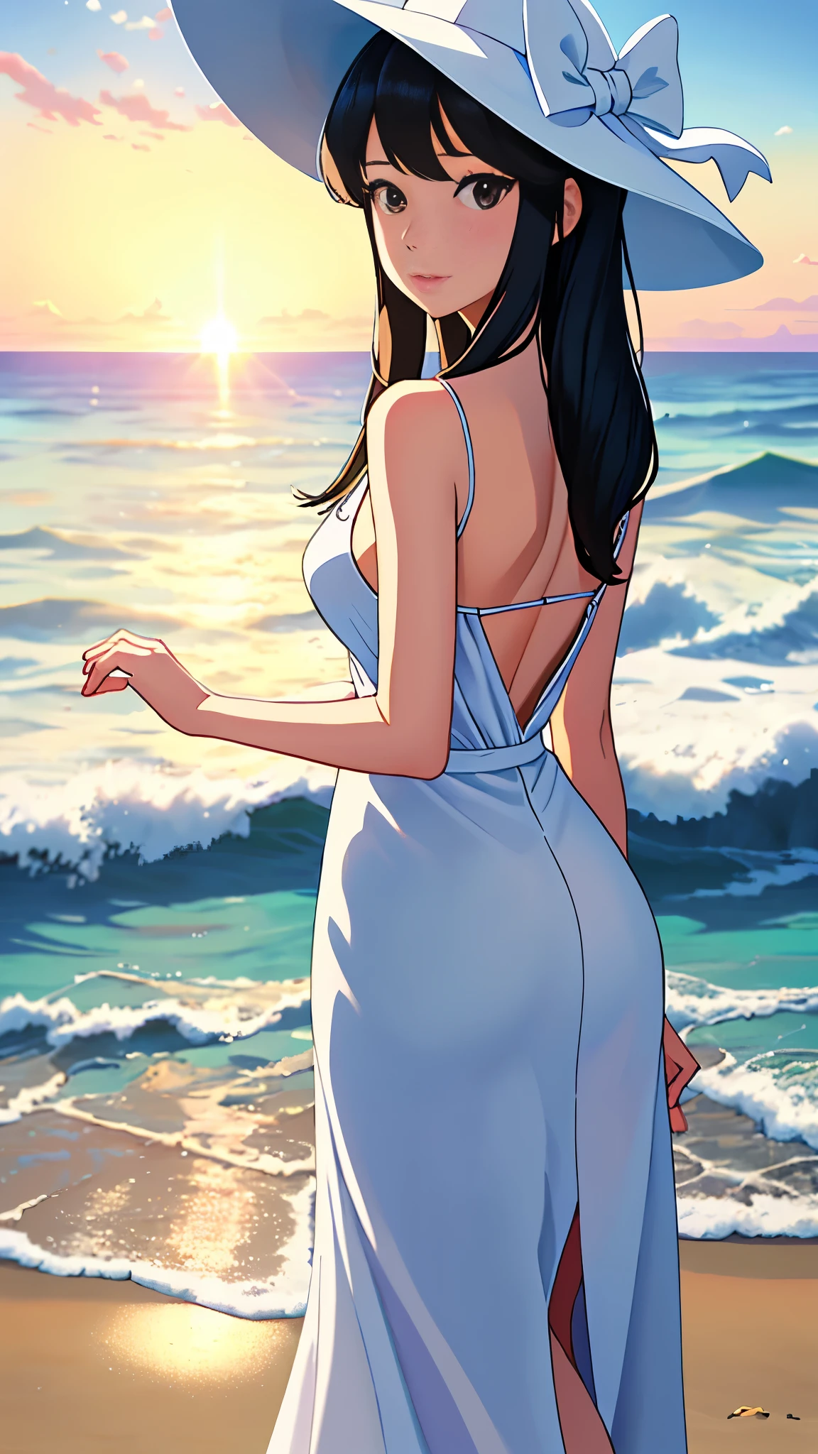 beach, best quality, masterpiece,、beautiful girl、slim、one person、Long Hair、White sleeveless、White dress、Back view、
sea beach,Black hair,evening,Background of bblurry,daysies,,cparted lips,the ocean,Summer daysies,Sun hat,Going off into the sunset、