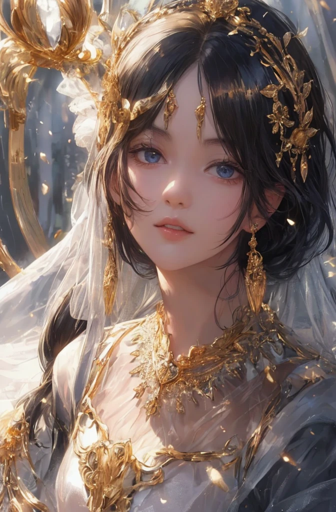 The upper part of the body、The face is front、profile、8K、realphoto、超A high resolution, Master Parts, Best Quality, nffsw , cinematic images,Lovely girl、Ann、16 only、Anglo-Saxon、double eyelid、drooing eyes、Very big eyes、Eyes purple、Dark eye shadow、The lips are very thin、The tip of the nose stretches beautifully....................、the tip of the nose is small,,,,, ighly detailed , Black hair、Straight short hair、ssmile、 Sweet look 、a very beautiful woman、legs are long、 Very clear shadows , jewely , A sexy , A detailed eye, very intricate, shiny skins , Perfect Brilliant, Perfect Lighting, Dramatic shadows、White tiara on head、Gold necklace around the neck、White aristocratic dress with gold embroidery、
